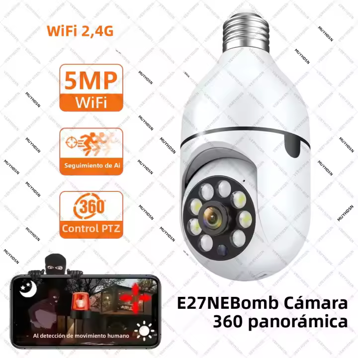 Cámara De Seguridad WiFi 5G E27 Bombilla 5MP HD Vigilancia Nocturna Monitor De Video Con Audio Bidireccional Zoom Digital 4X Cámara CCTV Interior - 1