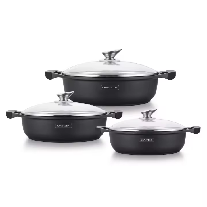 Set de 3 cazuelas bajas con revestimiento de mármol , tapa de vidrio y mangos de silicona Royalty Line RL-BR1006 - 1
