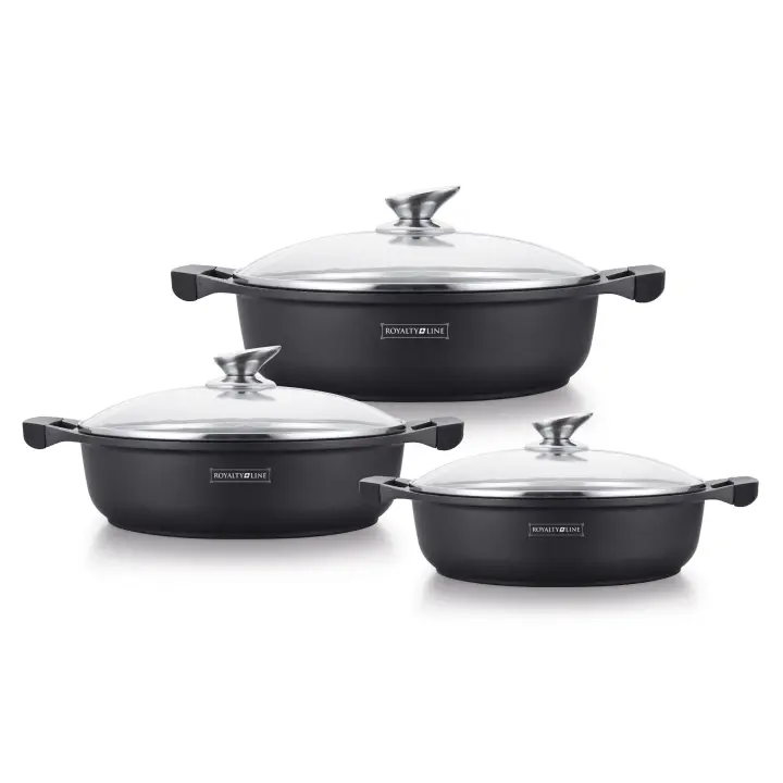 Set de 3 cazuelas bajas con revestimiento de mármol , tapa de vidrio y mangos de silicona Royalty Line RL-BR1006 - 1