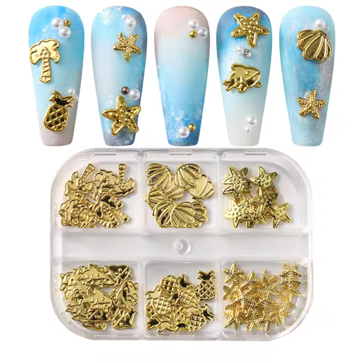 6Grillas De Lujo Para Uñas Con Encantos De Océano Con Delfín Y Estrella De Mar Diseño De Hawaii Figuras De Metal Dorado Accesorios De Arte De Manicura - 1