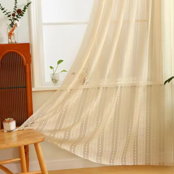 Cortina De Tules Boho Japonés Vintage Geométrica Transparente Beige Para Decoración De Sala De Estar Con Bolso De Tira - 1