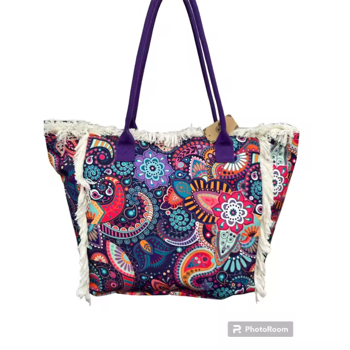 MEJORADA Bolso de playa o piscina grande con estampados de Mandala,con fleco de borla blanco de algodon,tamaño 55*37*19CM.contiene bolsillos interior y forros.tejido 100% poliéster - 1