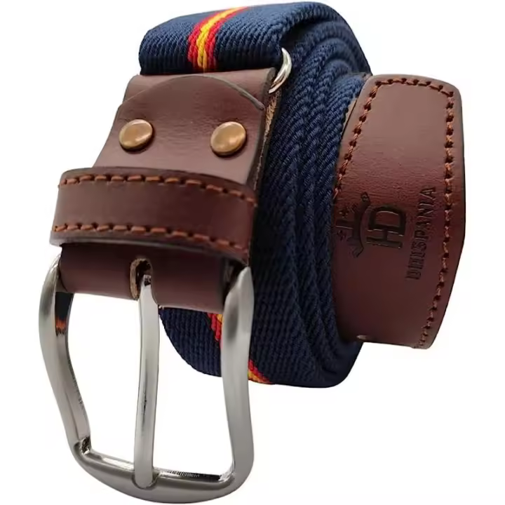 Cinturón elástico de hombre con la bandera de España,  azul marino con terminaciones en piel y amplio rango de tallas (90-120) - Diseño moderno y cómodo para cualquier ocasión. - 1