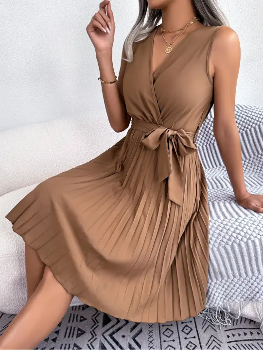 Vestido De Verano Casual Para Mujer Con Cuello En V Sin Mangas Plisado Hasta La Rodilla En Negro Azul Marrón - 1