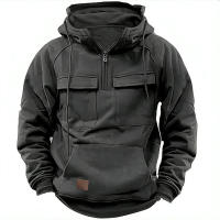 Nuevo Hombres Tops Sudadera con capucha Color sólido Sudadera Multi-Bolso Parche Chaqueta de cuero - details 7