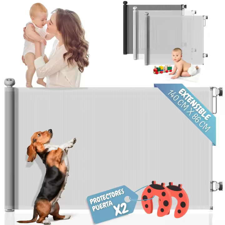 PARVULÍ Barrera Seguridad Niños Escalera Retráctil 0 a 140 cm + 2 Protectores de Puerta - Valla Seguridad Infantil - Barrera Perros Puerta - Puerta Escalera Bebe Seguridad - Interiores y Exteriores - 1
