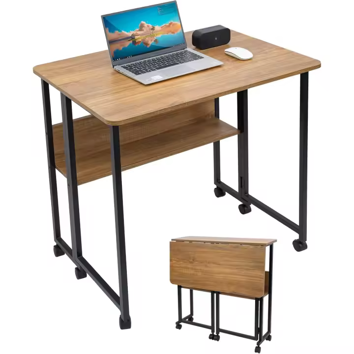Mesa Escritorio Plegable con Ruedas y Almacenamiento, Mesa Plegable de Pequeño Espacio para Estudio, Casa Oficina, Computadora Manualidades - 1