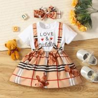 Vestido De Verano Para Bebé Niña Con Cuello Redondo Y Estampado De Oso Y Amor Falso Dos Piezas En Algodón - details 0