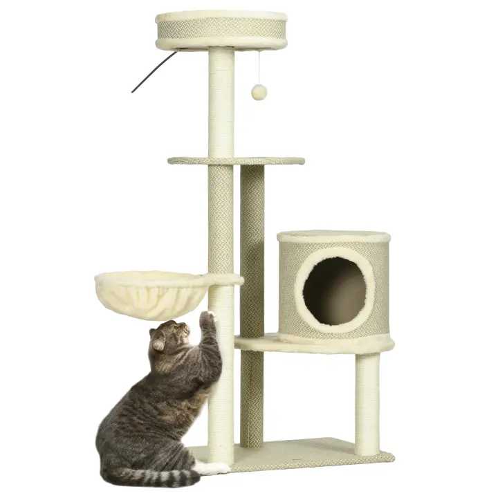 PawHut Rascador para gatos de 124 cm, árbol para gatos con cueva, cesta, pelota de juego, torre de escalada con 2 superficies de descanso, postes de sisal, muebles para gatos de hasta 5 kg - 1