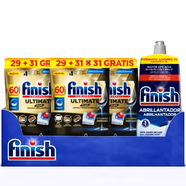 Finish Pack Brillo Total – 3x Ultimate Plus 180 Pastillas (Formato 3x60 Pastillas) + Abrillantador XL 287 Lavados Finish Ultimate Plus + Abrillantador – Limpieza intensiva y secado impecable - 1
