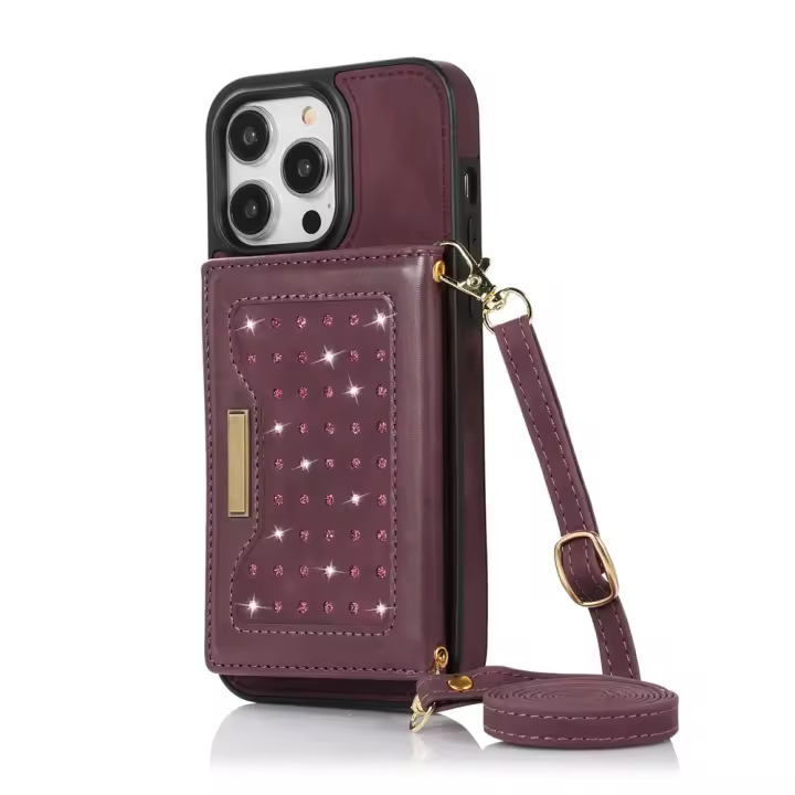 Funda De Cuero Brillante Para iPhone 14 15 16 pro 16E XR XS 11 12 13 pro Max 7 8 plus SE Con Bloqueador RFID Y Porta Tarjetas - 1