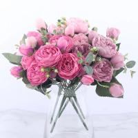 Bouquet De Flores Artificiales De Seda Rosa Púrpura 30cm 5 Cabezas Grandes Para Decoración De Boda Y Fiestas - details 7