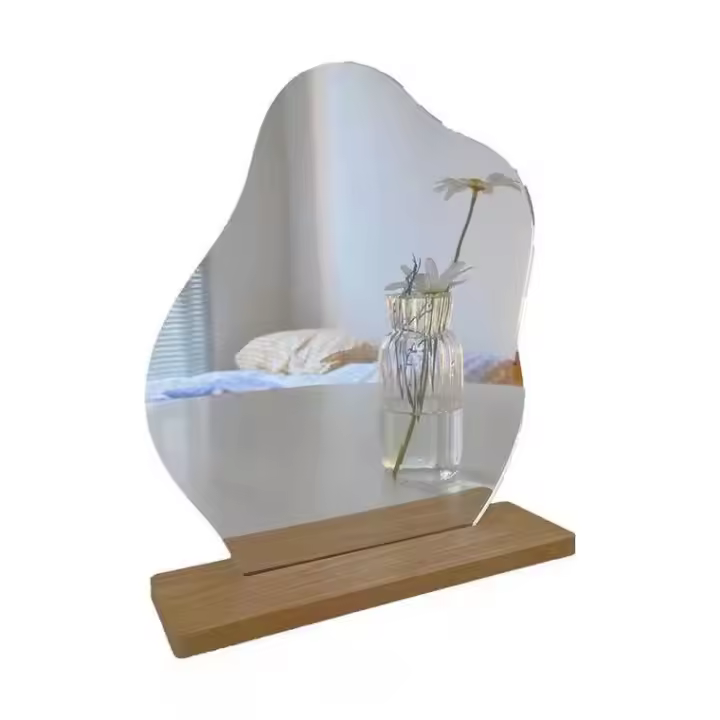 Espejo de maquillaje, espejo de tocador decorativo sin marco, forma irregular de maquillaje con base de madera - 1