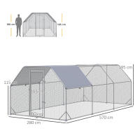 PawHut Gallinero para Exterior Grande de Acero Galvanizado 280x570x195 cm Jaula de Aves de 3 Habitaciones Cubierta de Tela Oxford Resistente a los Rayos UV e Impermeable para Patio Plata - details 2
