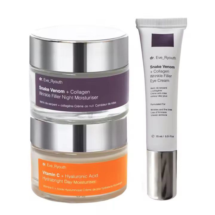 Hidratante de día Hydrabright con vitamina C y ácido hialurónico (50 ml) + Crema hidratante de noche con veneno de serpiente y colágeno para rellenar arrugas (50 ml) + Crema para ojos con veneno de serpiente y colágeno para rellenar arrugas (15 ml) - 1
