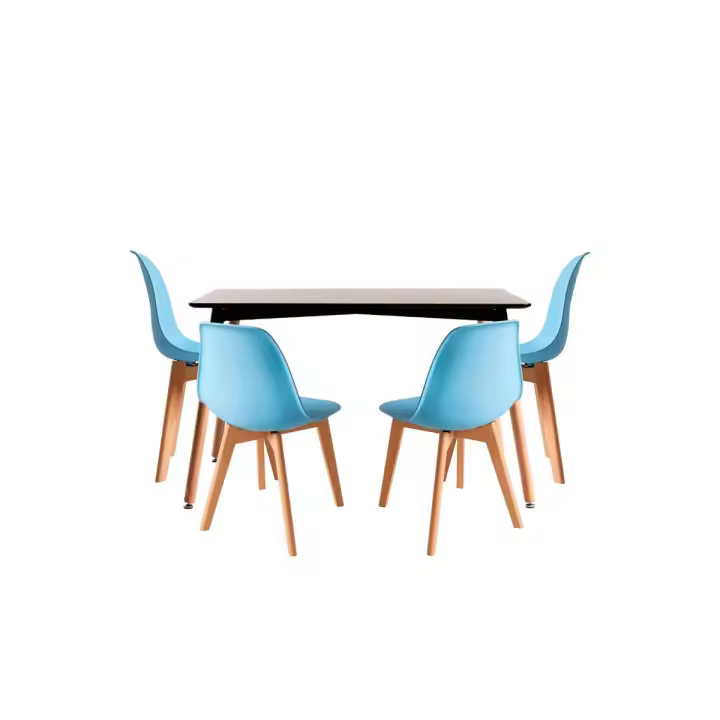 Conjunto Mesa Tower Rectangular 120 x 80 cm Negra y Pack 4 Sillas Kelen - Azul cielo - 1