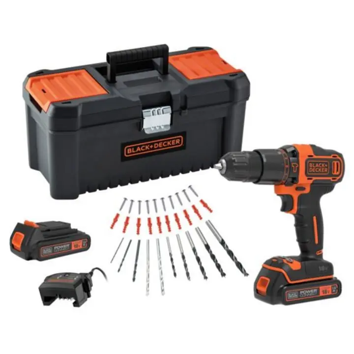 Black & Decker BDCHD18C2TA-QW KIT: Taladro Percutor 18V, Portabrocas 10mm, 10+1 Posiciones de Par de Apriete, 2 Velocidades, Incluye 2 Baterías 1,5Ah de Litio, 30 Accesorios, Cargador y Caja de Herramientas 16” - 1