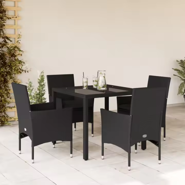 vidaXL Set comedor jardín 5 pzas cojines ratán sintético vidrio negro - 1