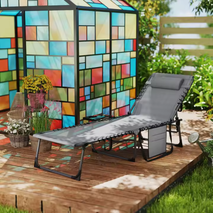 Outsunny Tumbona Plegable Tumbona Jardín Exterior con Respaldo Ajustable Reposacabezas Bolsillo Lateral Bandeja y Estructura de Acero Carga 120 kg para Terraza Piscina Playa 190x60x31 cm - 1