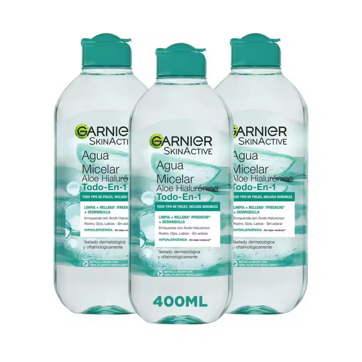 Garnier Agua Micelar Aloe Hialurónico Todo en 1 para todo tipo de pieles, Limpia + Desmaquilla + Rellena rostro, ojos, labios - Sin aclarado 3x400ml - 1