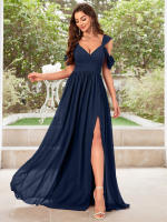 Vestido De Noche Elegante Para Mujer Unithorse Con Hombros Finos Manga Corta Cintura Ajustada Y Abertura En El Lado Chiffón Formal Para Damas De Honor - details 12