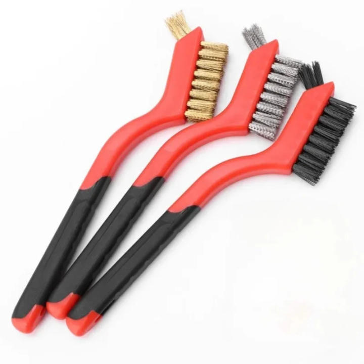 Wire Brush Set Nylon/Brass/Stainless Steel Bristles with Curved Handle Grip for Rust, Dirt & Paint Scrubbing Deep Cleaning