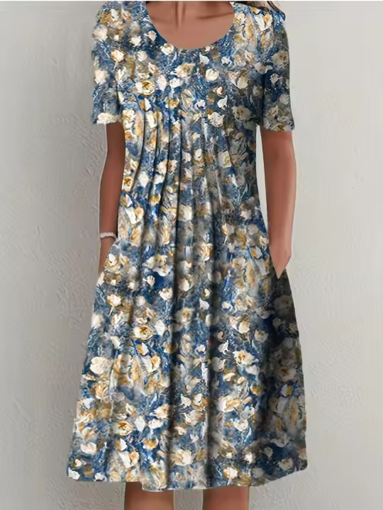 Vestido Corto Elegante Para Mujer Con Cuello Redondo Y Estampado Manga Corta Primavera Verano A-Line Midi Polyester - 1