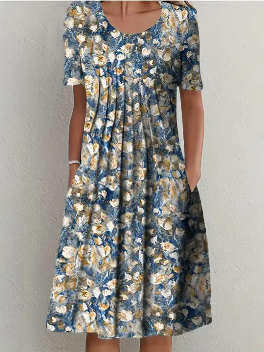 Vestido Corto Elegante Para Mujer Con Cuello Redondo Y Estampado Manga Corta Primavera Verano A-Line Midi Polyester - 1