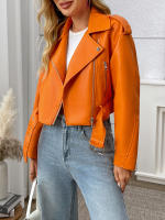 Chaqueta De Cuero PU Para Mujer Fitaylor Azul Oscuro Cierre De Cremallera Estilo Casual Manga Larga Temporada Transversal - details 2
