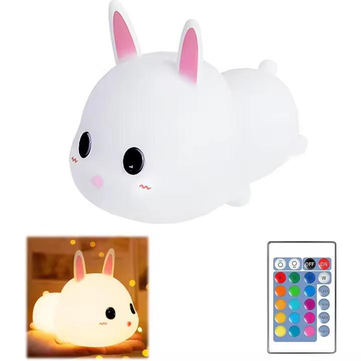 Luz Nocturna Infantil Recargable, 16 Colores Conejo Silicona Luz Quitamiedos Infantil con Temporizador, Luz Bebe Nocturna, Regulable Luz de Noche para Niños, Regalo Navidad para Niñas Niños - 1