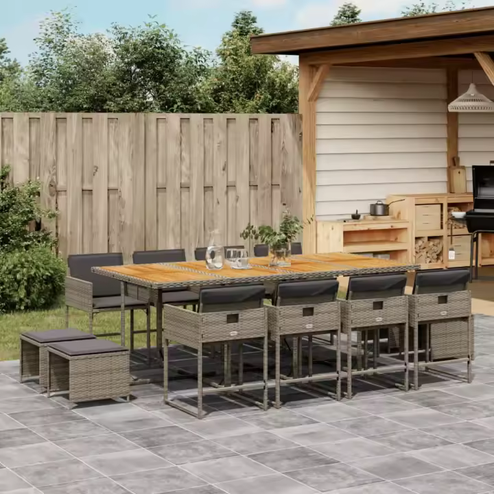vidaXL Set comedor de jardín con cojines 13 pzas ratán sintético gris - 1