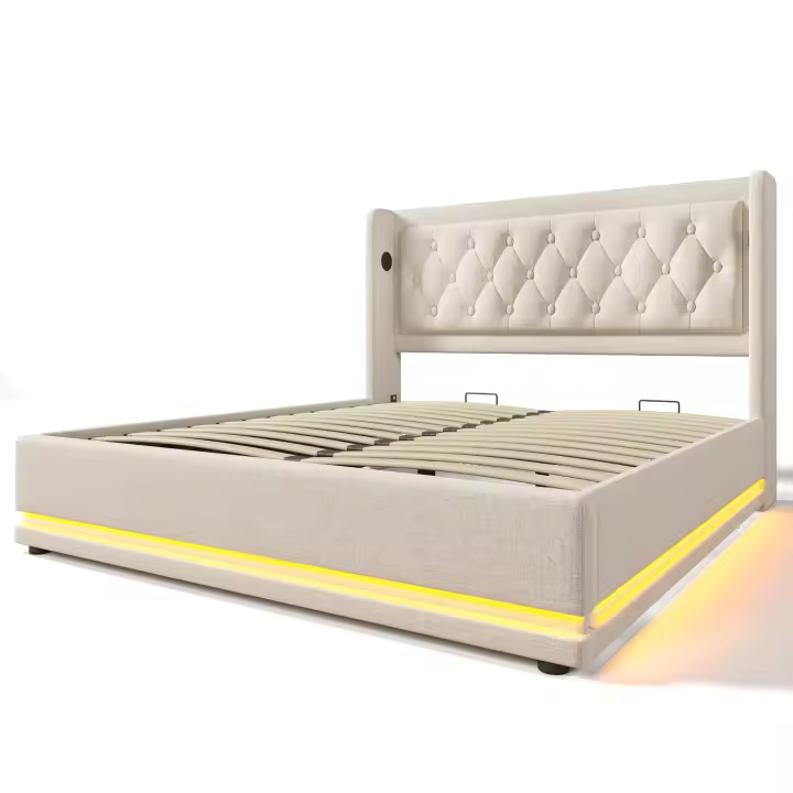 Cama Doble Tapizada en Algodón Beige 180x200 cm | Cama Hidráulica with Espacio de Almacenamiento | Cabecero with Cargas USB Typo-C | Iluminación LED en Tres Lados | Sin Colchón Includo | Diseño Moderno para Habitación principal - 1