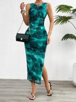 Vestido Slimming Sin Mangas Estampado De Moda Para Mujer Primavera Verano 2024 Cuello Redondo Con Rotura A-Line De Pierna Larga Estilo Playa - details 20