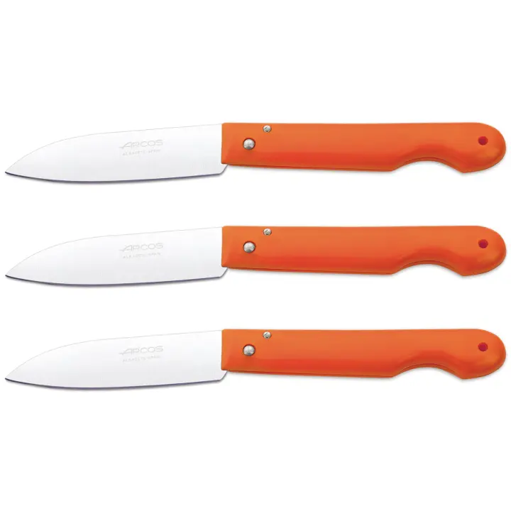 ARCOS Navaja Profesional - Navaja de Cocina (85 mm) - Acero Inoxidable Nitrum® - Mango de Polipropileno (Naranja) - PACK 3 - 1