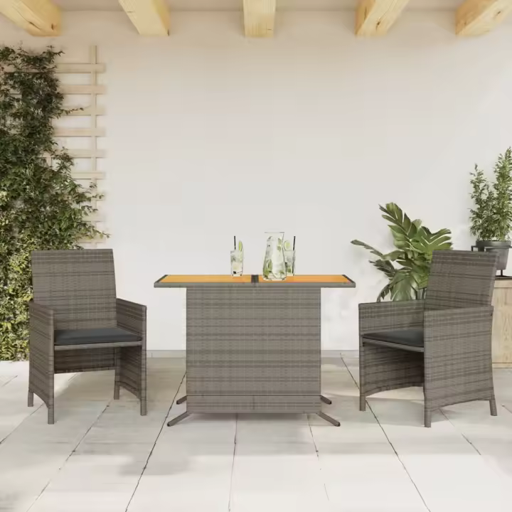 vidaXL Sillas y mesita de jardín con cojines 3 piezas ratán PE gris - 1