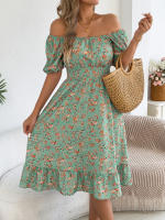 Vestido Elegante De Primavera Y Verano Para Mujer Con Estampado Floral Cuello Cuadrado Manga Corta Volante Al Borde Vestido A-Line De Rodilla - details 7