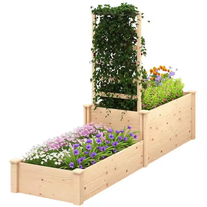 Outsunny Jardinera Exterior Grande de Madera Jardinera Elevada con Celosía para Plantas Trepadoras y 2 Cajas de Cultivo para Jardín Patio Terraza 222x63x132 cm Natural - 1