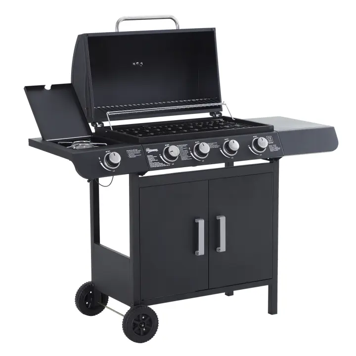 Outsunny Barbacoa de Gas con 5 Quemadores de Acero Inoxidable 14,4 KW Fogón y Parrilla con Tapa y Ruedas 125x51x100 cm Negro - 1
