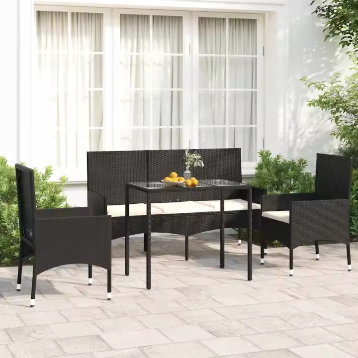 vidaXL Juego de jardín con cojines 4 piezas ratán sintético en color Negro/Negro y blanco | acolchados duraderos para sofás de jardín terraza exterior - 1