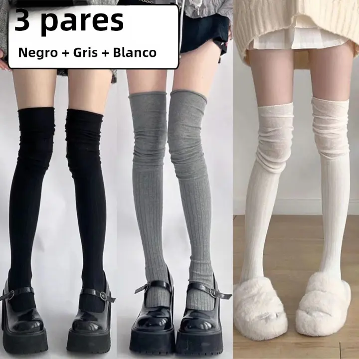 Parejas De Medias Altas Clásicas Rayadas Para Mujer En Colores Sólidos Negro Blanco Gris Cómodas Y Versátiles Para Moda - 1
