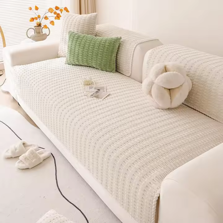 Cojín De Sofá De Nueva Estilo Crema Edge-wrapped Color Sólido Antideslizante Cálido Para Invierno Cubierta De Sofá Resistente a Gatos - 1