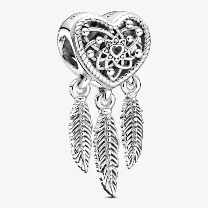 Pandora Charm de Colgante en Plata de Ley Atrapasueños con Corazón y Tres Plumas Plata 799107C00，Incluye Caja Original - 1
