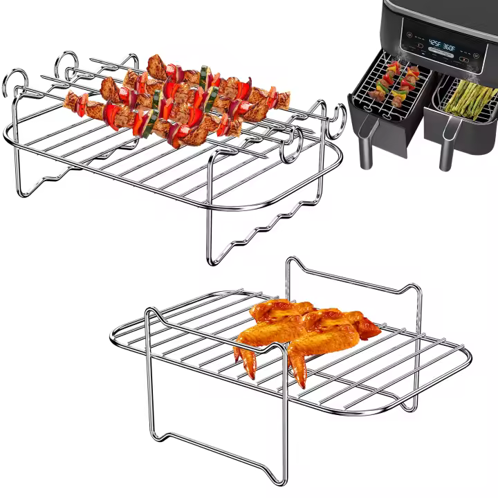 2Pcs Rack De Air Fryer Con 4 Palillos Para Barbacoa Acero Inoxidable 304 Accesorios Para Air Fryer Doble Cesta Resistentes Al Calor Para Cocinar Y Hornear - 1
