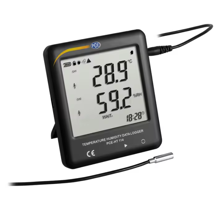 PCE Instruments Termohigrómetro para cámaras frigoríficas / Registra temperatura y humedad / Pantalla LCD / Memoria para 25.920 valores / Rápida descarga a través de USB / Ajuste de los valores límite de alarma / Sensor externo PCE-HT 114 - 1