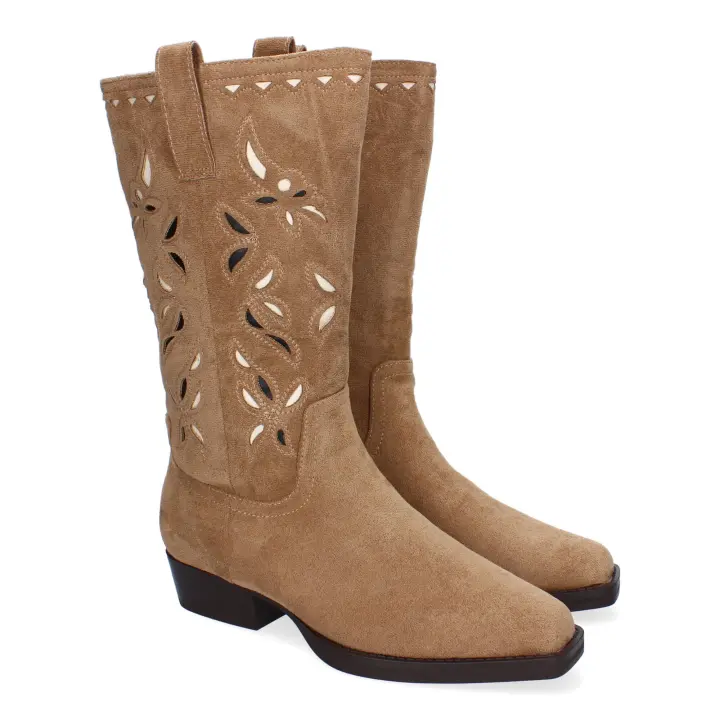 PuntoSalao Botas tacón bajo caña calada para mujer color kaki A-3429 - 1