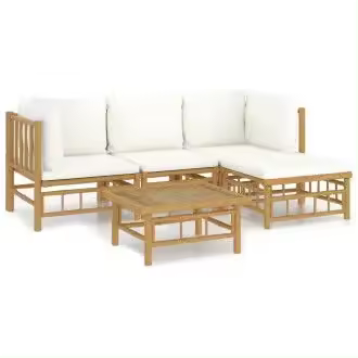 VIDAXL set de sofás y reposapiés para jardín de 5 piezas fabricado en bambú con cojines de color blanco vida xl - 1