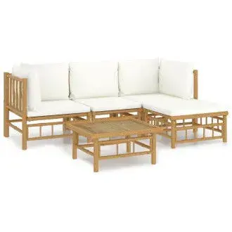 VIDAXL 3155178 set de sofás y reposapiés para jardín de 5 piezas fabricado en bambú con cojines de color blanco vida xl - 1