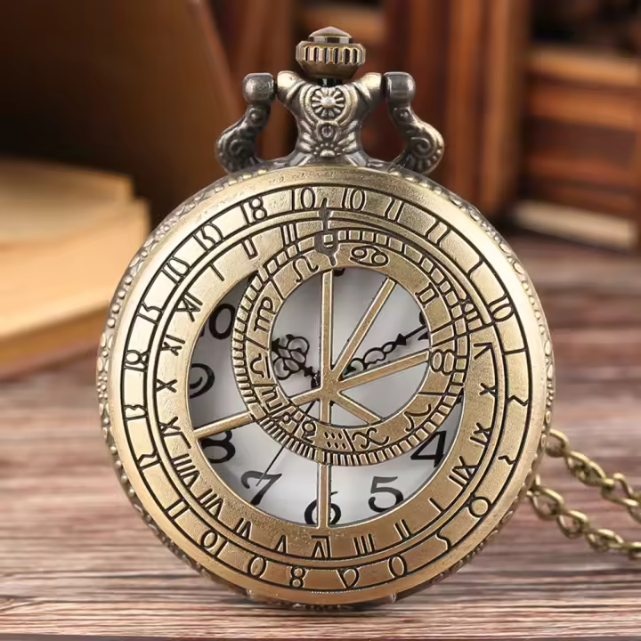 Reloj De Bolsillo Cuarzo Bronce Retro Para Hombres Y Mujeres Con Patrón Hueco De Compas Zodiac Collar Pendiente Antiguo Regalos - 1