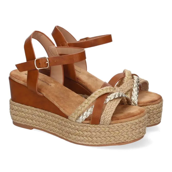 PuntoSalao Sandalias de cuña y plataforma en yute hebilla para mujer color camel F260-14 - 1