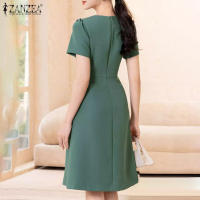 Vestido Elegante De Verano ZANZEA Para Mujer Con Manga Corta Vestido De Fiesta A-Line Solido Pleated Tratamiento De Cierre Pullover Estilo Oficina Lady - details 5